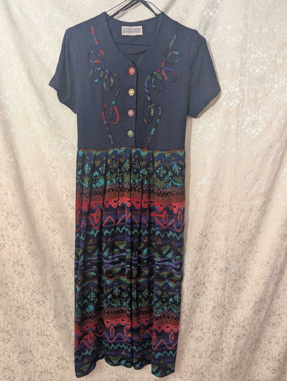 Vintage 90s Jessica Howard Swirl Novelty Button Art Teacher Maxi Dress L